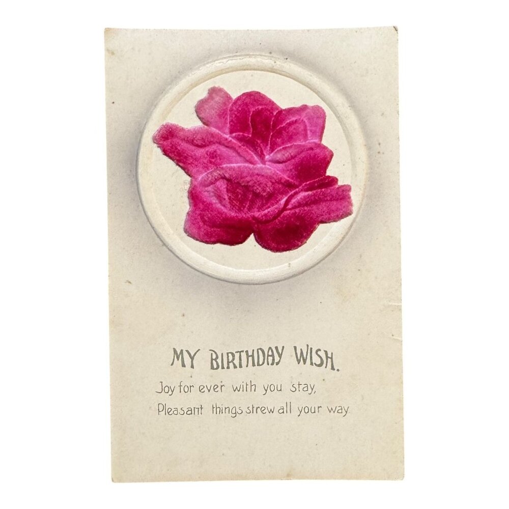 Vintage Embossed Velvet Rose Birthday Postcard 1900s Printed In Germany Antique